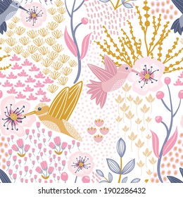 Hummingbird And Cherry Blossom White Background Seamless Pattern