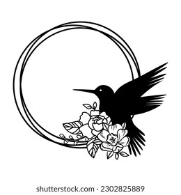 Hummingbird in a circle frame with flower decor silhouette. Isolated vector set with spring or summer birds for laser cut crafts.