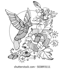 Hummingbird colibri coloring book for adults vector illustration. Anti-stress coloring for adult. Tattoo stencil. Zentangle style. Black and white lines. Lace pattern