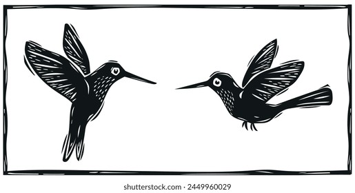 Colibrí (colibri) pareja dibujada a mano en el estilo de grabado de madera del cordel noreste. Ilustración vectorial