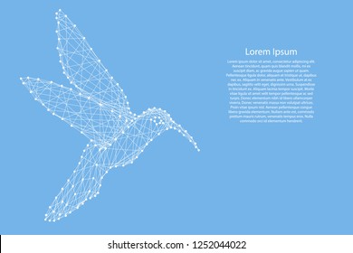 Hummingbird colibri flying bird from abstract futuristic polygonal white lines and dots on blue background for banner, poster, greeting card. Vector illustration.