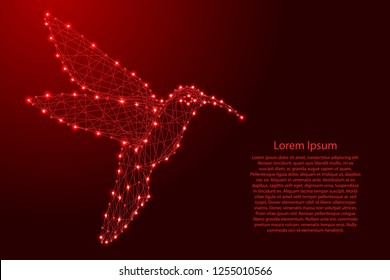 Hummingbird colibri flying bird from futuristic polygonal red lines and glowing stars for banner, poster, greeting card. Vector illustration.