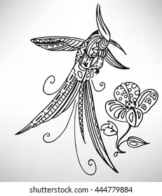 Hummingbird (colibri).  Hand-drawn with ethnic pattern. Coloring page - isolated on a white background. Zendoodle patterns. Vector illustration.