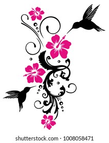 Hummingbird, colibri with hibiscus flowers and floral element.