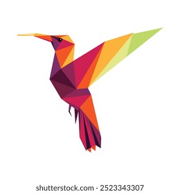 Hummingbird in colorful polygonal low poly illustration. Flying Bird Colorful Abstract Polygon Vector. Bird Illustration for Children Animal Coloring Book