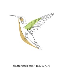 Hummingbird. Continuous line. Flying bird logo. Black and white vector illustration with bright spots. Concept for logo, card, banner, poster, flyer