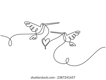 Hummingbird couple in continuous one line art drawing. Vector illustration isolated. Minimalist design handdrawn.