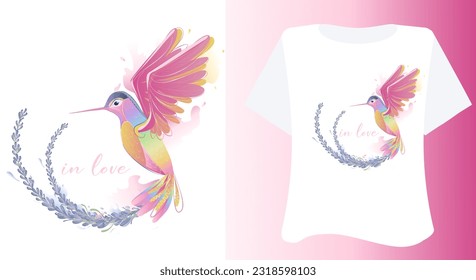 Hummingbird-Design für T-Shirt, bunte Vogel-Vektorgrafik mit Slogan in Liebe und Lavendel auf weißem Hintergrund in Aquarell-süß-Stil handgezeichnet. Druck auf Karte, Maulkorb, Textilien 