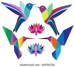 Hummingbird different shapes and colors and Lotus flowers on a white background