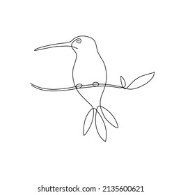 Hummingbird drawing with flower one continuous line for logo and graphic design. Small beautiful swift bird. isolated on white background. Vector illustration