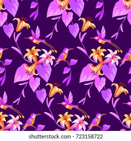 Hummingbird and exotic tropical flowers seamless pattern.