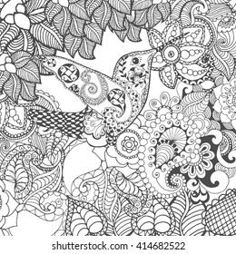 Hummingbird in fantasy flowers. Animals. Hand drawn doodle. Ethnic patterned illustration. African, indian, totem tatoo design. Sketch for avatar, tattoo, poster, print or t-shirt.