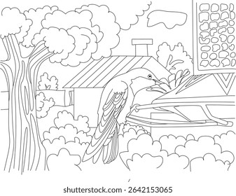 Hummingbird at Feeder Line Art, Simple black and white line drawing of a hummingbird perched on a bird feeder in a garden setting with trees, bushes, and a house in the background. Ideal for
