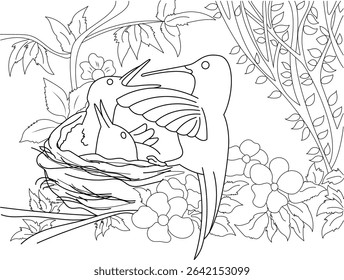 Hummingbird Feeding Chicks Coloring Page, Black and white line drawing of a hummingbird feeding its two babies in a nest, surrounded by leaves, branches, and flowers. Outline illustration suitable
