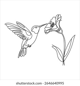 Hummingbird alimentando-se de uma flor arte de linha contínua