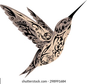 Hummingbird flies, a bird with wings, an animal with drawing, a little bird with patterns, a bird with a flower, curls on a Humming-bird