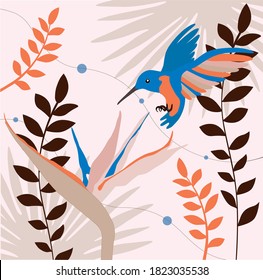 Hummingbird flies over a flower. Vector illustration on background