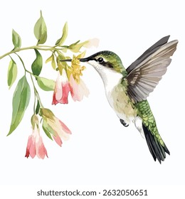 A hummingbird in flight, delicately feeding on vibrant pink and yellow blossoms. The image showcases the bird's intricate features and the detailed floral arrangement.