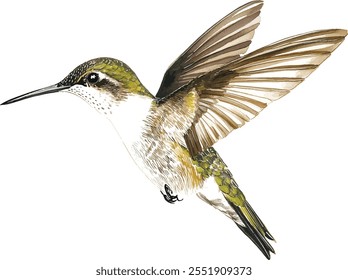 Hummingbird in flight watercolor vector illustration on isolated white background