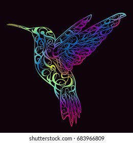 Hummingbird with floral ornament. Design concept for print, card, poster. Colorful hand drawn vector illustration