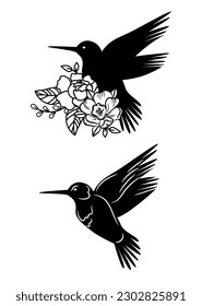 Hummingbird with flower decor silhouette. Isolated vector set with spring or summer birds for laser cut crafts.