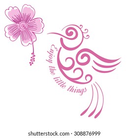 Hummingbird flower Inspirational quote Motivational poster Stylized bird with hibiscus flower Hawaiian Tropical bird Exotic bird Little bird flying Tattoo colibri silhouette Enjoy the little things