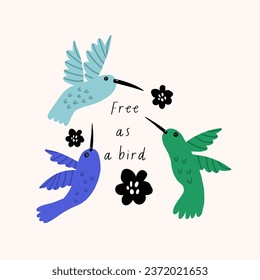 Hummingbird with flower for kids print. Perfect for t-shirt, card, poster childish design
