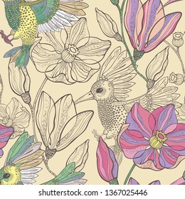hummingbird and flower pattern