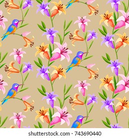 Hummingbird and flowers seamless pattern.