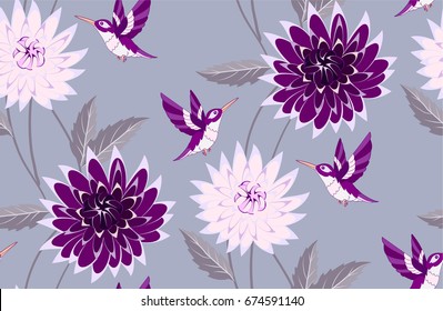 Hummingbird and flowers seamless pattern on gray background.