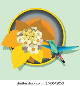 Hummingbird and flowers in a three-dimensional circular frame