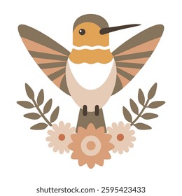 Hummingbird with Flowers Vector Illustration