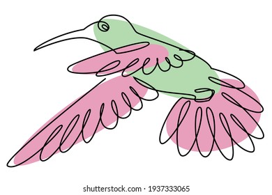 The hummingbird is flying. Bird in modern one line style. Solid line, outline for decor, posters, stickers, logo. Vector illustration.