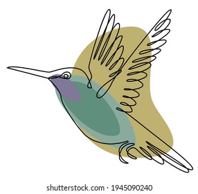 El colibrí está volando. Pájaro de estilo moderno de una línea. Línea sólida, contorno para la decoración, afiches, pegatinas, logotipo. Ilustración vectorial.