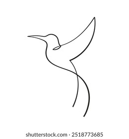 Hummingbird Flying Black One Line Art on White background. Hand Drawn Vector Outline Illustration of Bird  Silhouette. 