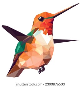 Hummingbird flying with colored feathers and beak over white