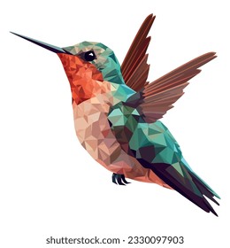 Hummingbird flying with multi colored feathers over white