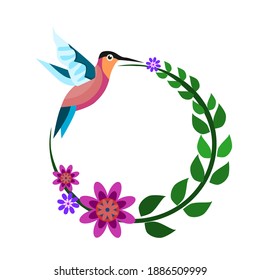 A hummingbird is flying over a branch that bends in a circular shape. With flowers on the branches.Illustration of stylized hummingbird drinking nectar from the flower.