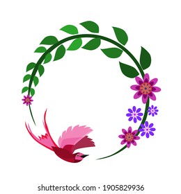 A hummingbird is flying over a branch that bends in a circular shape. With flowers on the branches.Illustration of stylized hummingbird drinking nectar from the flower.Floral wreath .