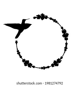 A hummingbird is flying over a branch that bends in a circular shape. Vector Illustration of stylized hummingbird and circle floral wreath