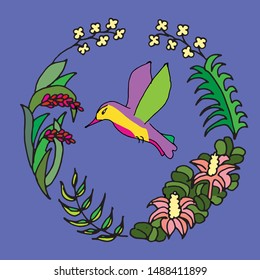 Hummingbird in the frame of exotic plants