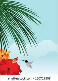 Hummingbird with hibiscus. EPS 8 vector, grouped for easy editing. No open shapes or paths.