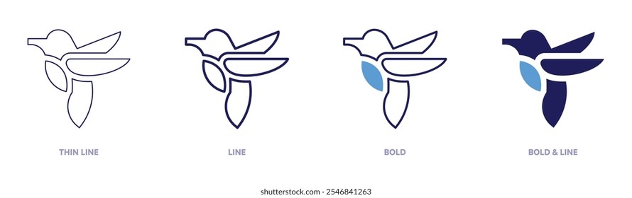 Hummingbird icon in 4 different styles. Thin Line, Line, Bold, and Bold Line. Duotone style. Editable stroke.