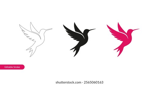 Hummingbird Icon in Three Styles: Editable Stroke Outline, Silhouette and Color