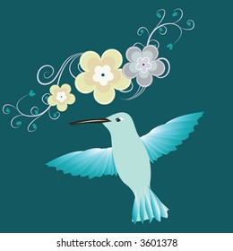 hummingbird illustration, blue wings, fly, retro flowers