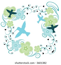 hummingbird illustration, blue wings, fly, retro flowers