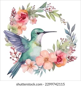 Hummingbird isolated in white background, watercolor vector illustration.