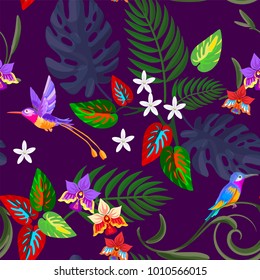 Hummingbird in junglee or tropical forest seamless pattern.