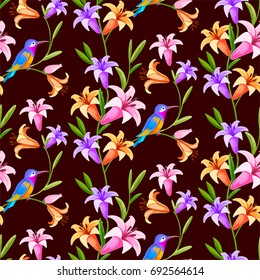 Hummingbird and lily flowers seamless pattern background.