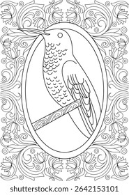 Hummingbird Line Art Coloring Page with Floral Frame, Black and white line drawing of a hummingbird perched inside an ornate oval frame, surrounded by decorative floral and scrollwork patterns.